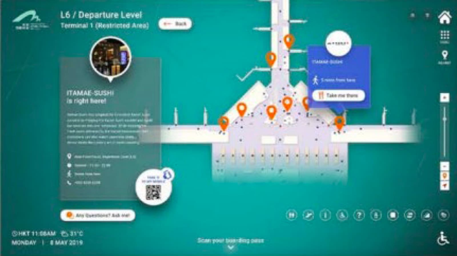 Terminal 1 interactive wayfinding map on an HKIA service kiosk